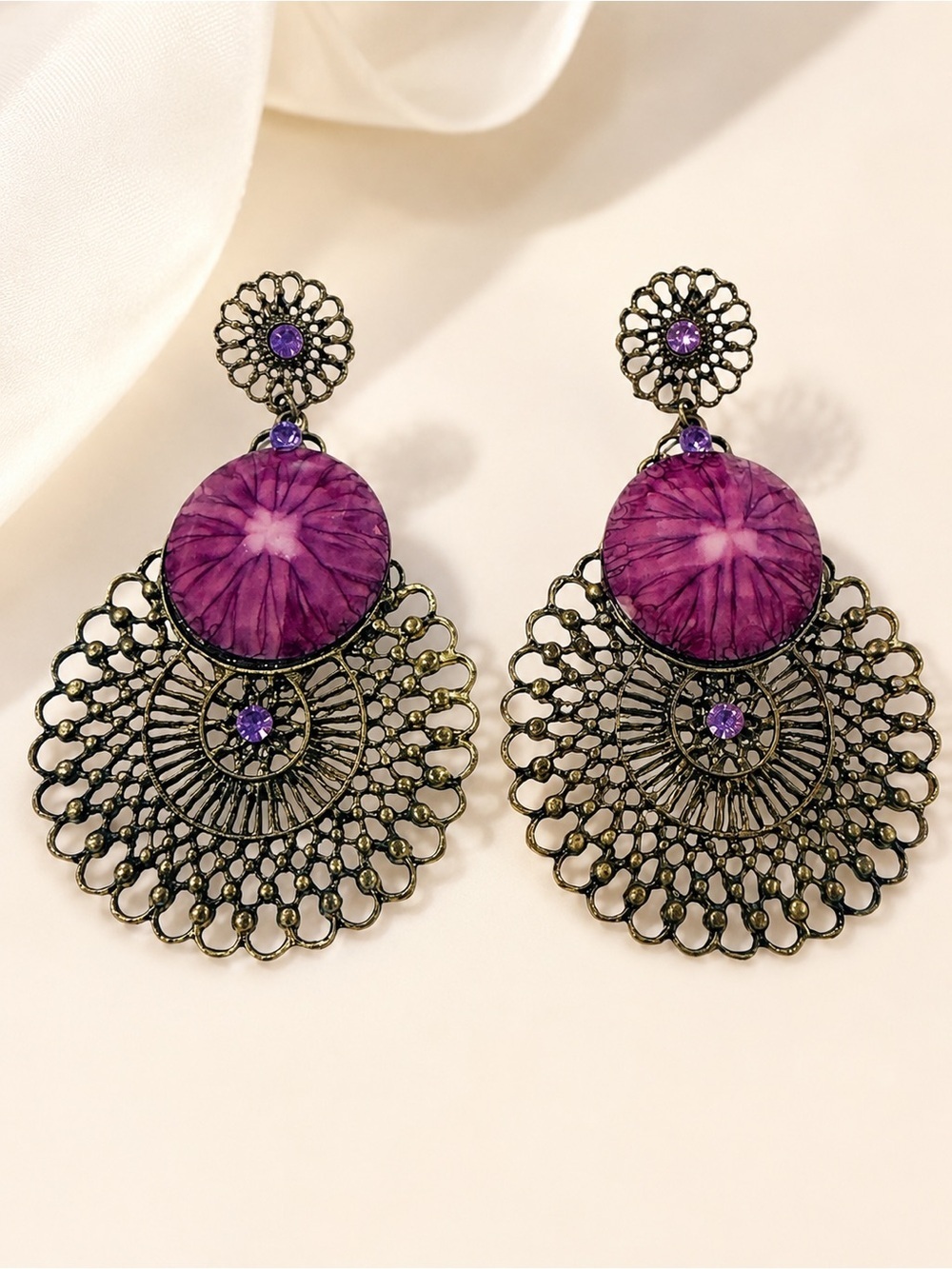 Boho Purple Filigree Statement Earrings | Antique Gold Tone Floral Drop Earrings